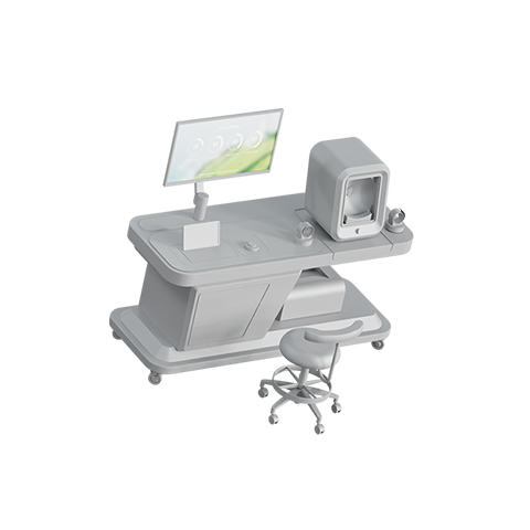Gray 3D image of a chair in front of a desk with a computer monitor and electronic testing machine attached.